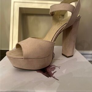 Jessica Simpson powder, nude, micro, suede high heels